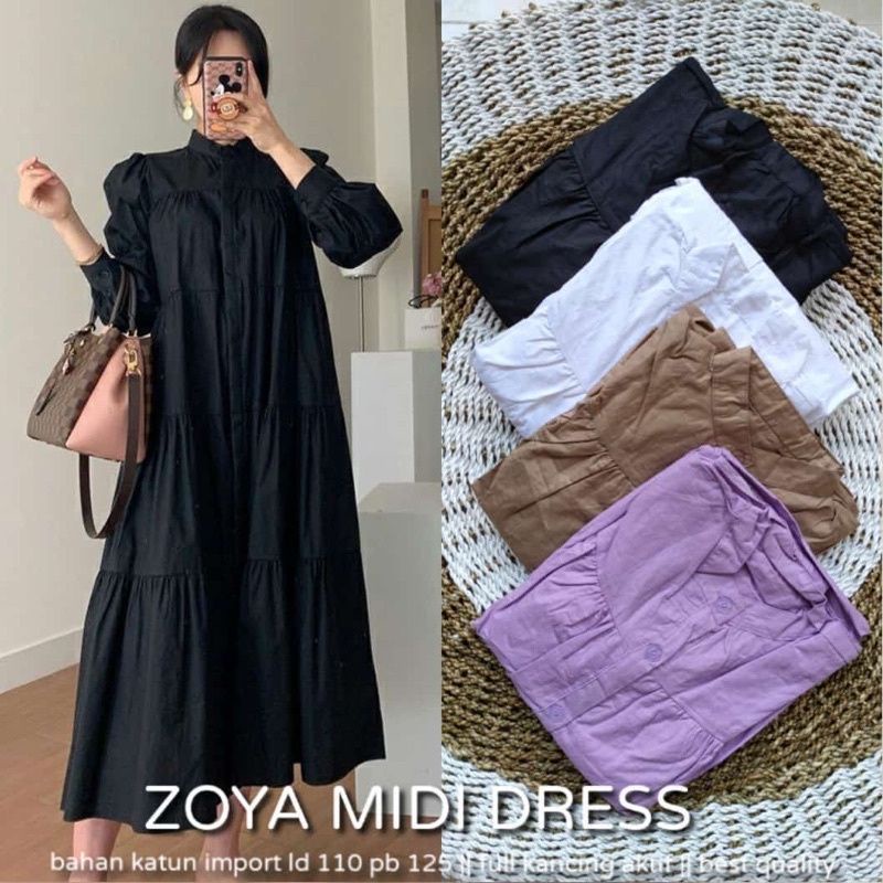 ZOYA MIDI DRESS FULL KANCING DEPAN // LENGAN KARET// DRESS KANCING KATUN PREMIUM // GAMIS TERLARIS