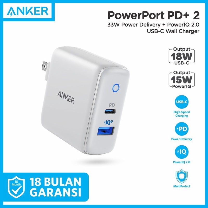 Wall Charger ANKER PowerPort PD+ 2 33W Dual Port USB + Type C Adaptor Cas Fast Charging Power Delive