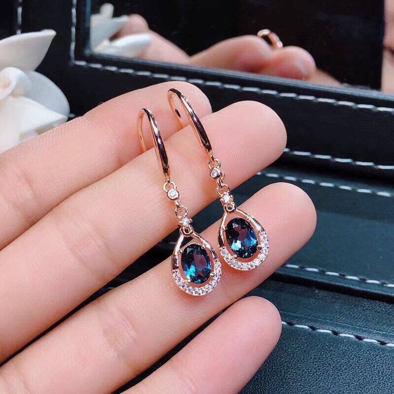 New Luxury Inlaid Natural Blue Topaz Ear Pendant Silver Anti-Allergy