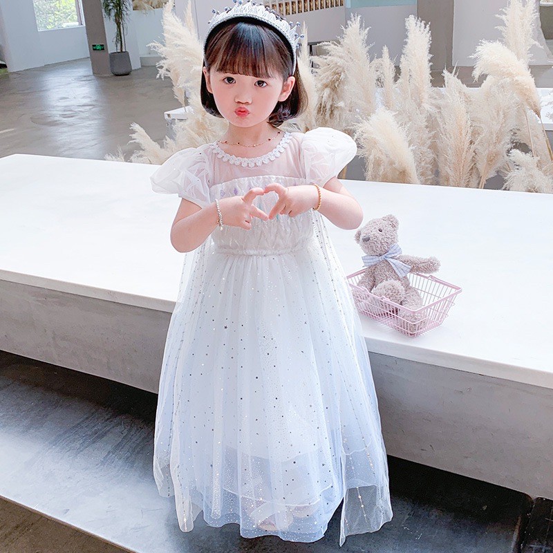 Dress kostum putih anak frozen elsa ball sleeve import 4T-8T H048
