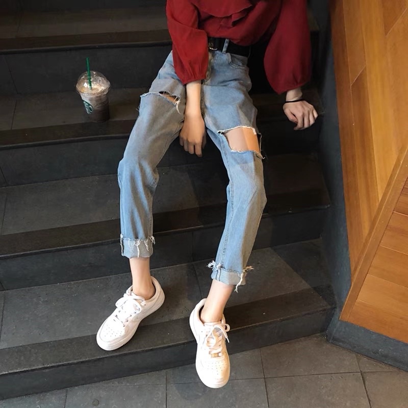 RIPPED JEANS IMPORT HIGHWAIST CELANA PANTS DENIM HW WANITA CEWEK BAGGY UNFINISH MX801