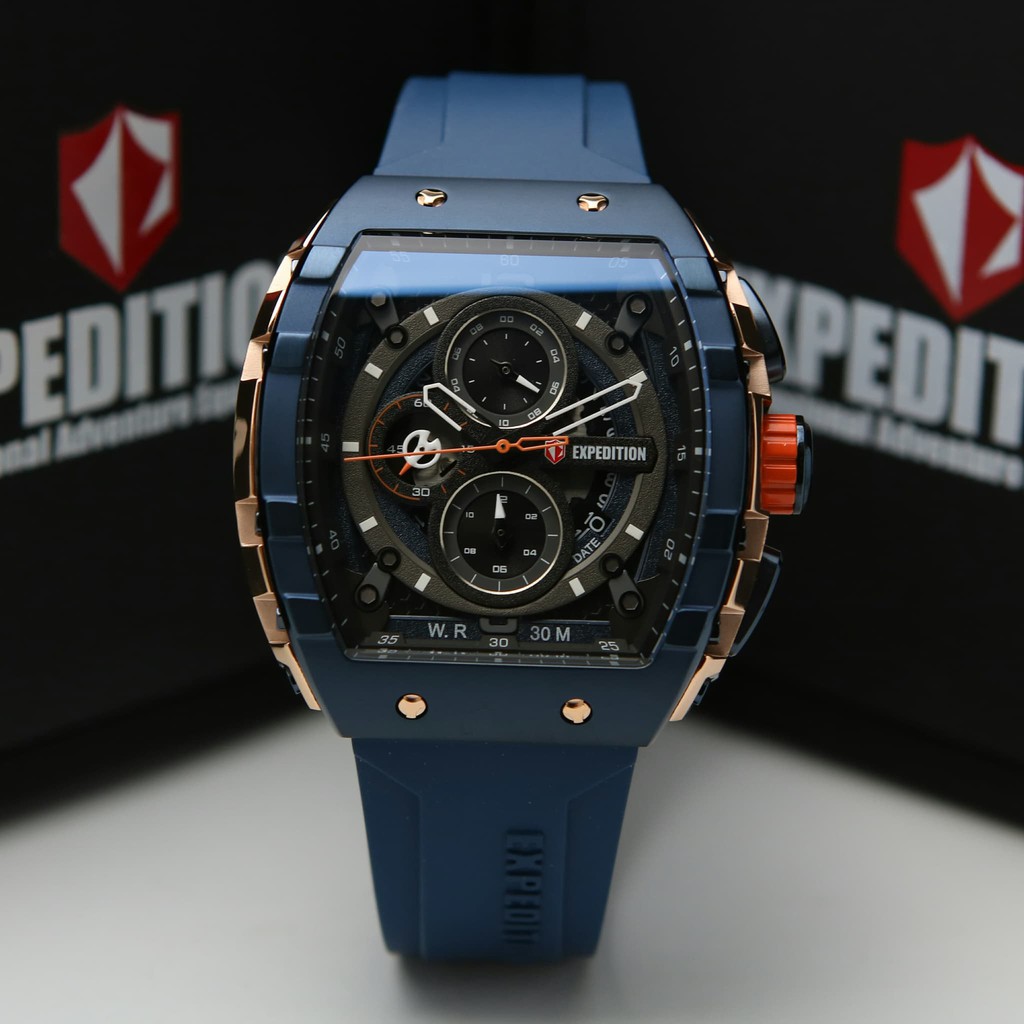  JAM  TANGAN  EXPEDITION  6782 E6782 PRIA  ROSEGOLD BLUE RUBBER 