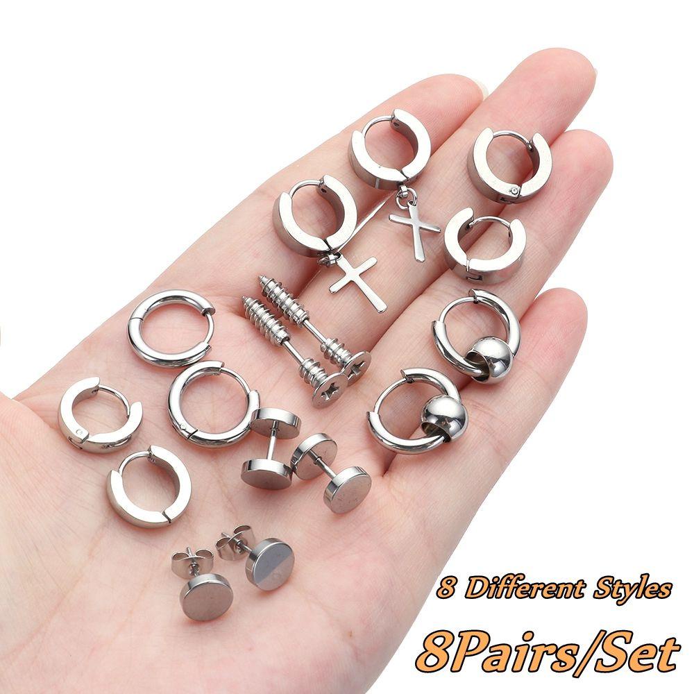 Preva Anting Set Tulang Rawan Helix Barbel Bar Stainless Steel Perhiasan Tindik Tubuh Hitam Dumbbell Stud