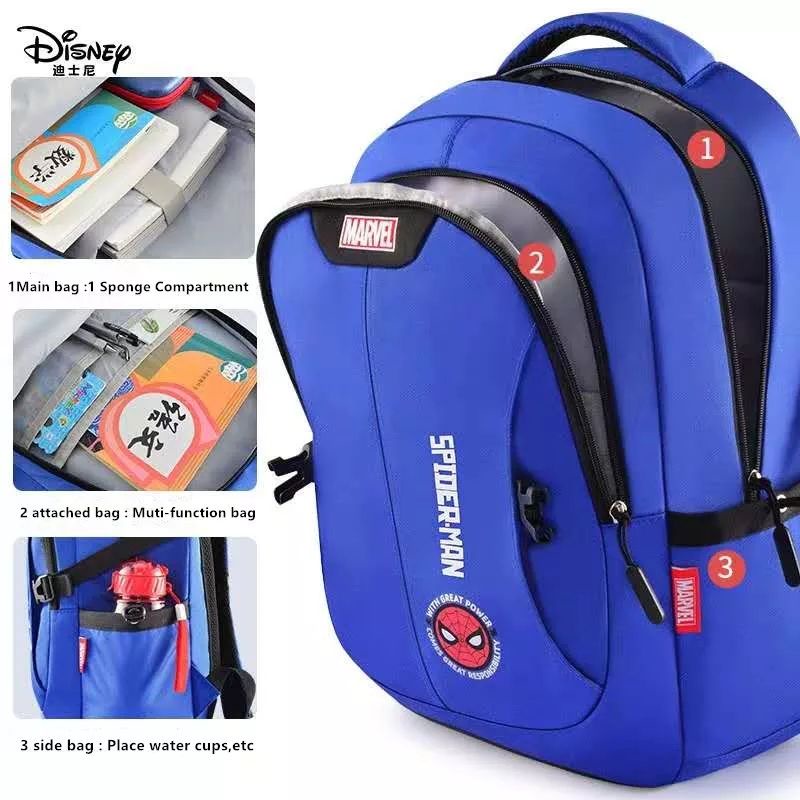 Disney Marvel Tas Sekolah untuk Anak Laki-laki Spider Iron Man Captain America Sudent Ransel Bahu Kapasitas Besar Tahan Air Mochila