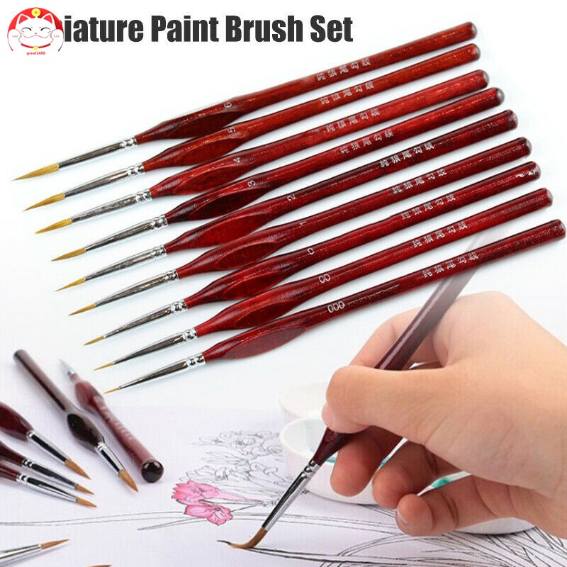 9pcs/set Kuas Lukis Miniatur Bahan Rambut Sable Untuk Detail Art