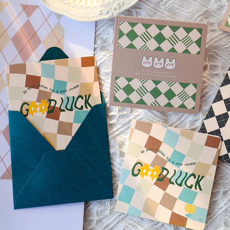 6pcs Kartu Ucapan Dengan Amplop Dan Stiker Motif Kotak-Kotak