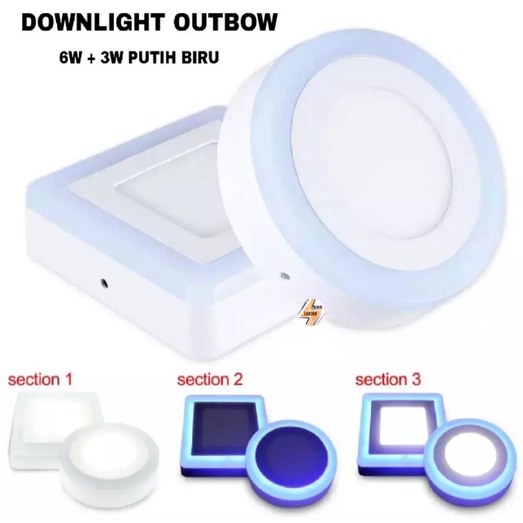 Lampu LED Downlight Outbow Putih Biru 6w + 3w 6 3 Watt Kotak Bulat Dak cor plafon Hias 2 warna OB