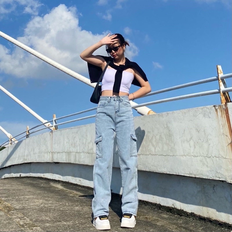 TheGirlHouse - CELANA CARGO HIGHWAIST LOOSE JEANS BAGGY WANITA / KULOT CARGO HIGHWAIST