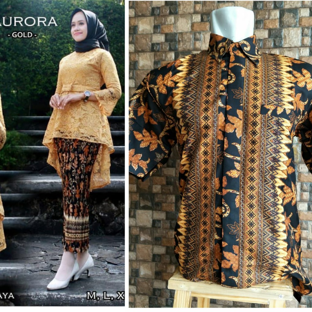 Couple Set Kebaya Brukat Aurora Hem Batik Lengan Pendek Trendy