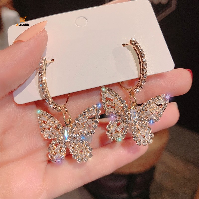 Fashion Luxury Gold Color Full Diamond Butterfly Pendant Earrings/ High-end Exquisite Geometric Alloy Eardrop