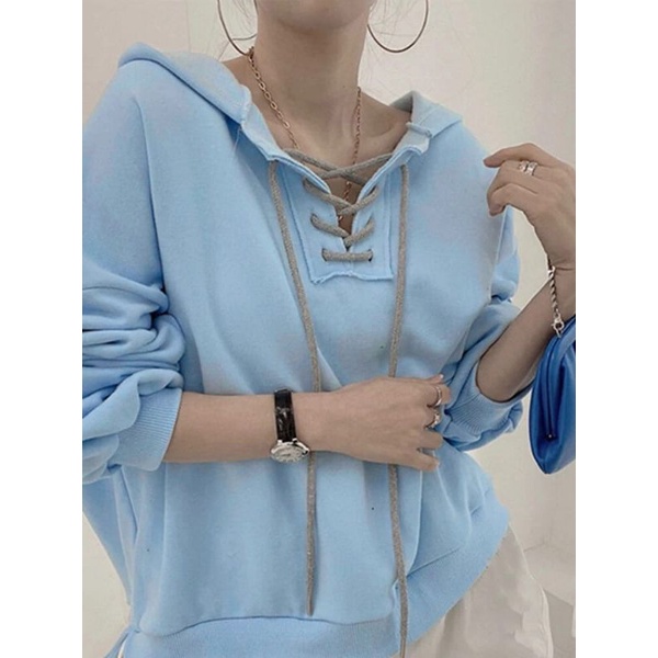 Cross Rope Hoodie Premium Sweat Fleece Wanita Korean Style