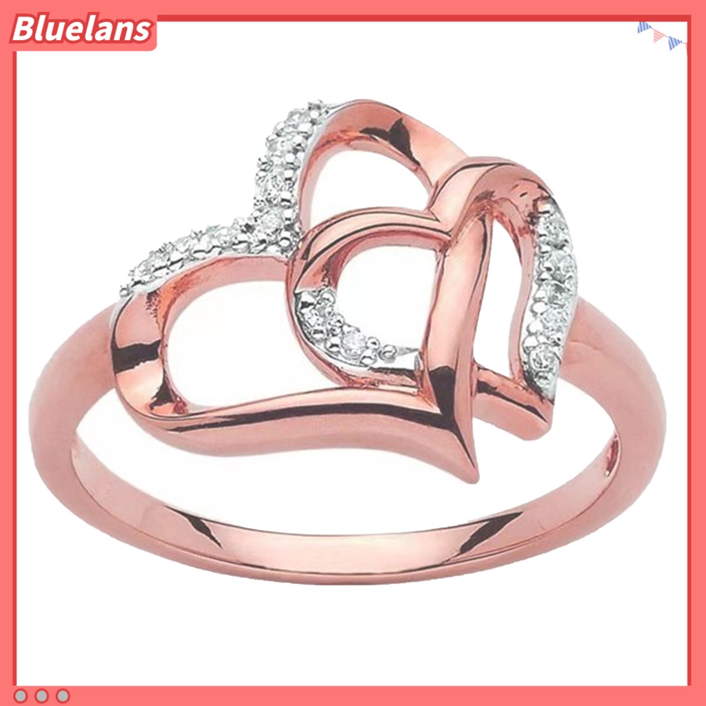 Bluelans Cincin Berlian Imitasi Bentuk Hati Ganda Model Hollow Bahan Alloy Untuk Wanita