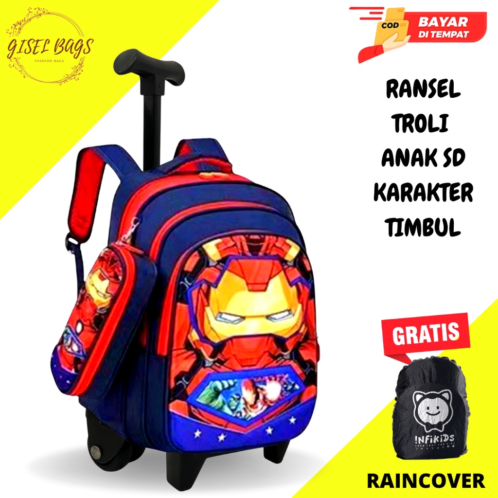 GB-Tas ransel troli anak laki laki SD tas ransel troli anak timbul tas ransel troli anak karakter superhero GRATIS kotak pensil dan jas tas