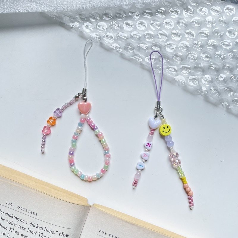 Beaded double line phone charm / beads phone strap / keychain / gantungan HP / phone case hook