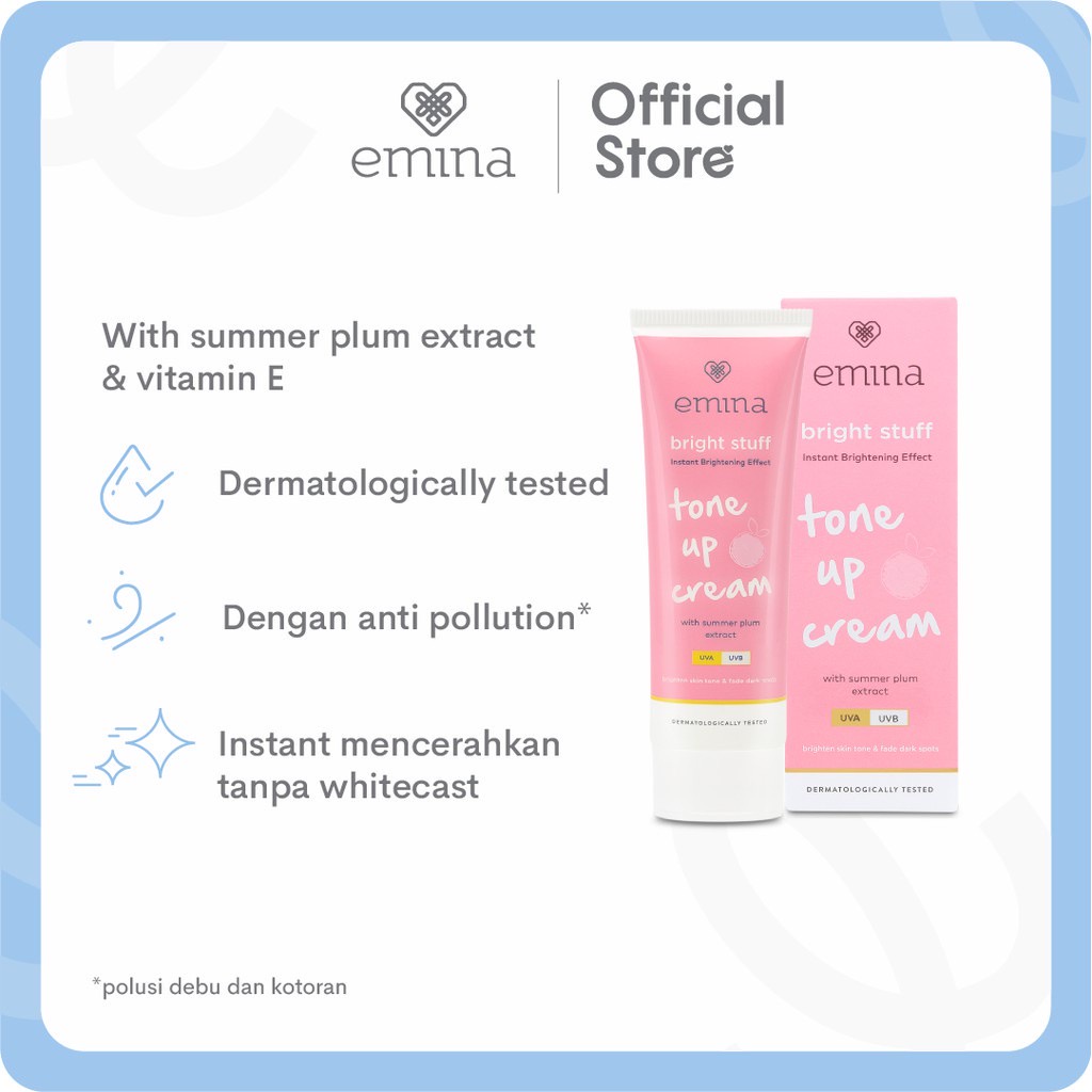 EMINA Bright Stuff Tone Up Cream Indonesia / Pelembab Wajah 20ml / With Summer Plum Extract / UVA UVB / Brighten Skin Tone &amp; Fade Dark Spots / Mencerahkan Instan Pelindungan Sinar UV / Skincare Face Sun Care Facial Day Night / Treatment Perawatan Series