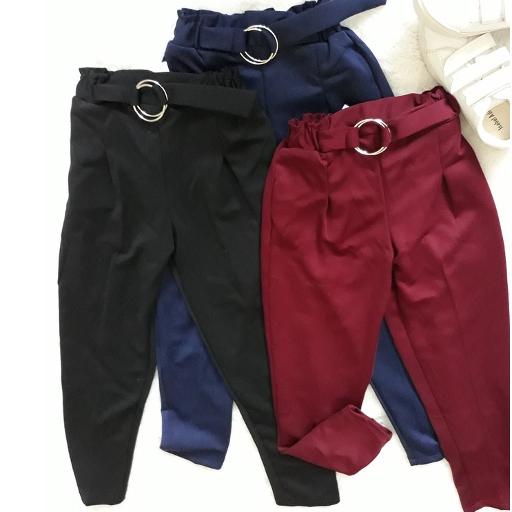 HOPYLOVY - Celana Panjang Wanita Bahan Scuba Tebal / Celana Bahan Wanita / Celana Kerja Variasi Ring Belt Ragna