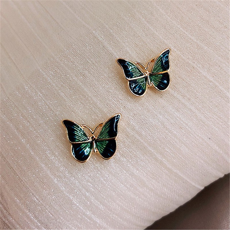Anting Stud Desain Kupu-Kupu Lukisan Minyak Warna Hijau Untuk Wanita