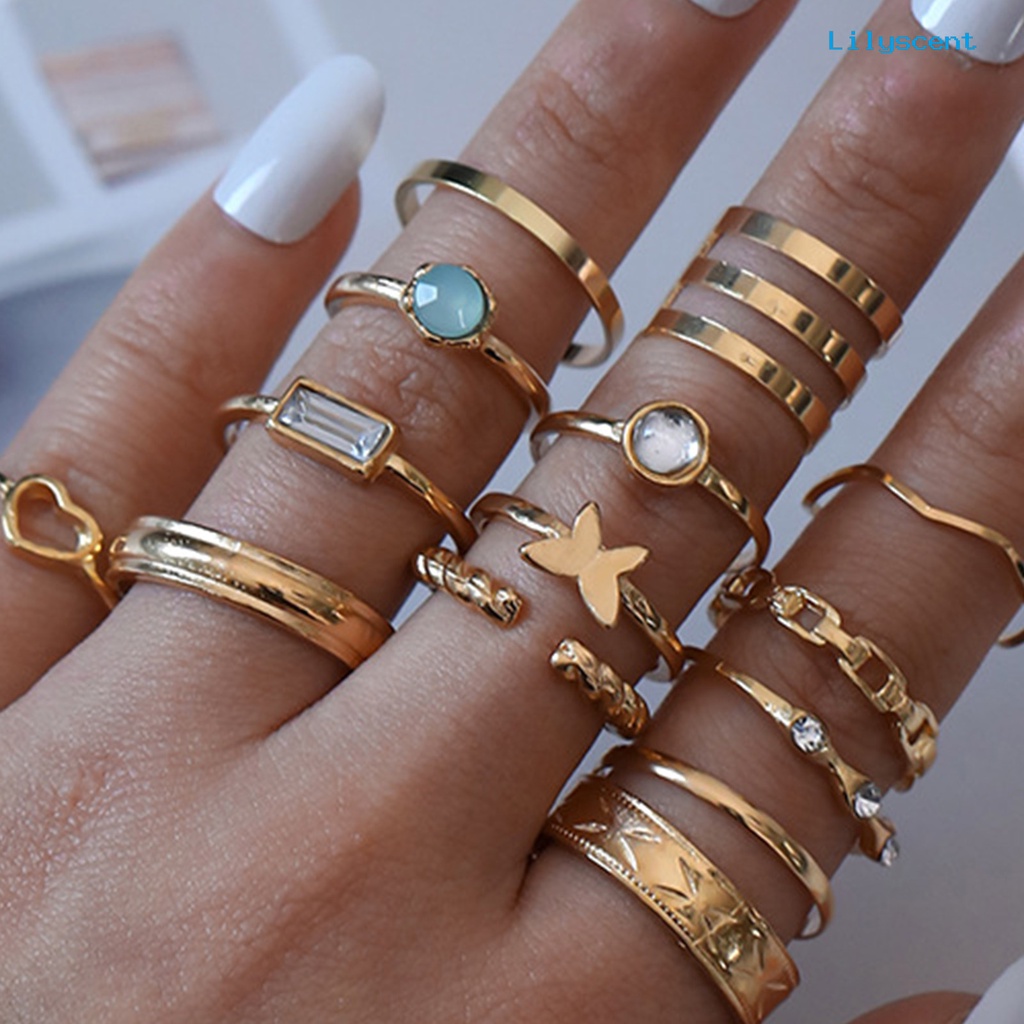 14pcs Cincin Knuckle Bentuk Hati Electroplating Stackable Untuk Unisex