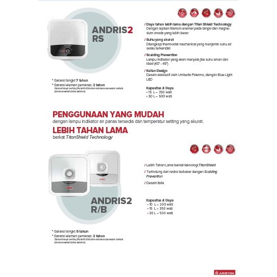 Ariston Andris 2 AN2 R 30 liter 500 watt Water Heater Keluarga Pemanas Air Hangat Mandi Irit Listrik