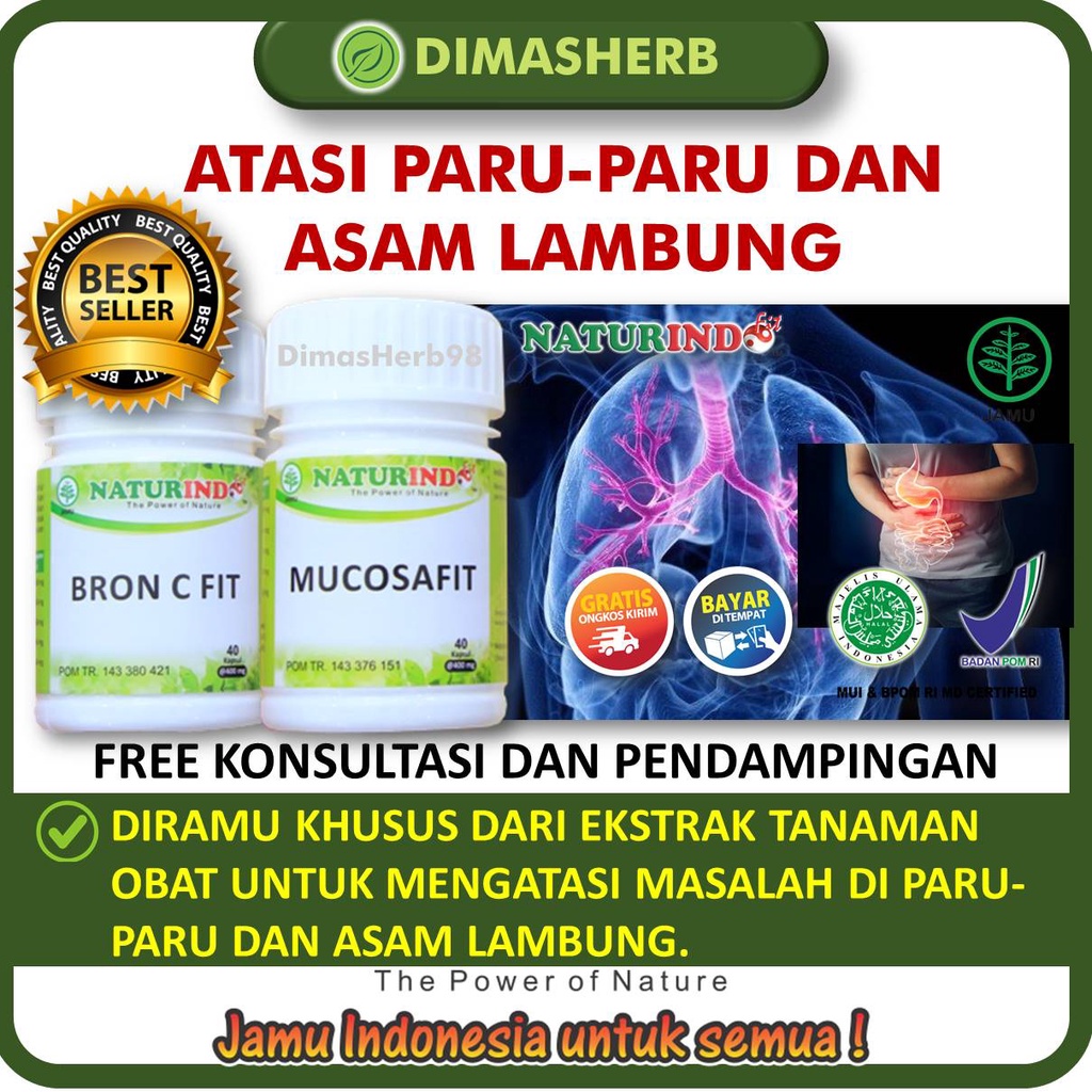 Obat Sesak Nafas Berdahak Batuk Kering Berlendir Alergi Dingin Debu Sinusitis Rhinitis Amandel Menaun Obat Asma Obat TBC Bronkitis Obat Jamu Herbal BPOM HALAL MUI Gangguan Pernafasan Alergi Debu Obat Gurah Paru Paru Herbal BRON C FIT NATURINDO YOGYAKARTA-PARU+ASAM LAMBUNG