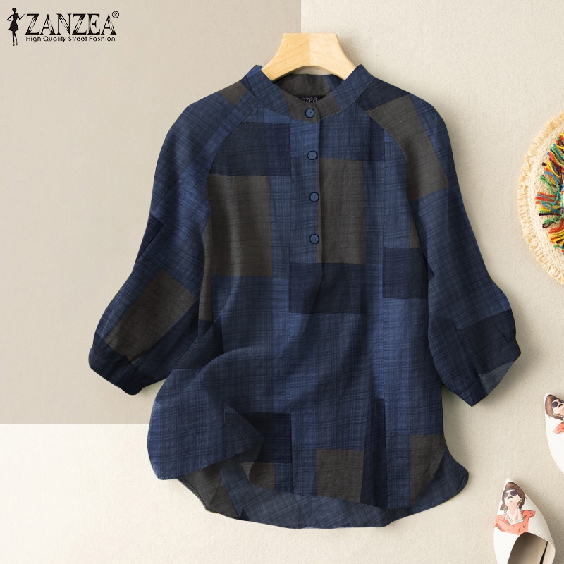 ZANZEA Womens Daily Casual O Neck Plaid Printed Loose Blouse