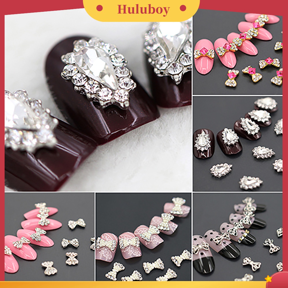 Huluboy Huluboy♡ 10pcs Stiker Kuku 3D Bentuk Pita Bahan Alloy Dengan Glitter Berlian Imitasi