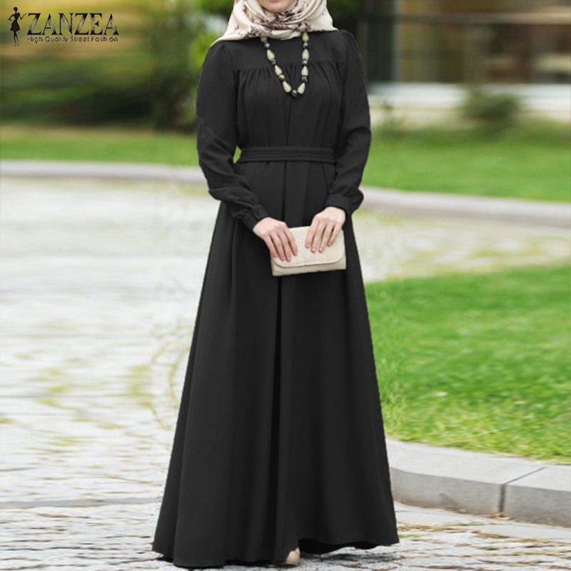 ZANZEA Women Long Puff Sleeve Button Down Front Muslim Long Dress