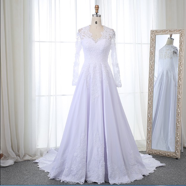 Gaun pengantin muslim satin white wedding dress