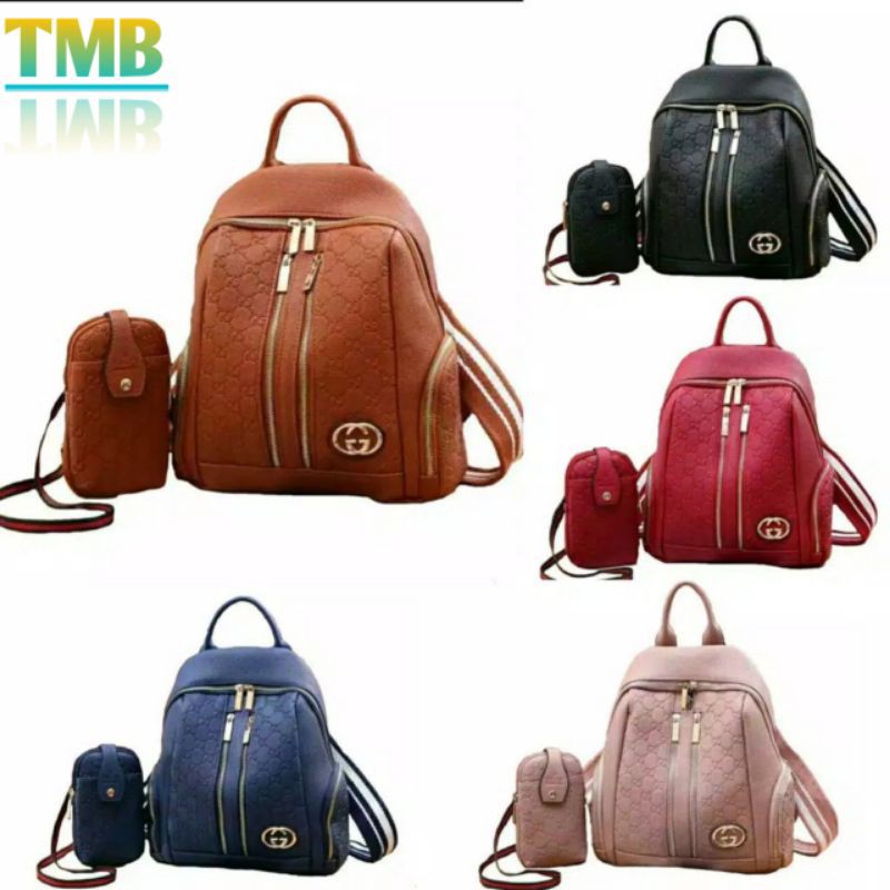 Tas Ransel Batam Wanita Cantik Semi Kulit Fashion Backpapack Stylish Set Motif Free Pouch