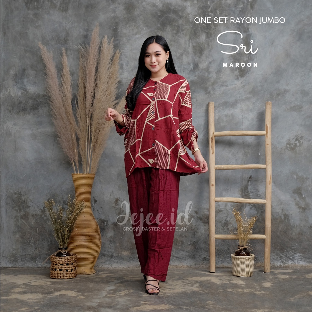 SETELAN RAYON JUMBO LD 120 CM BIG SIZE SUNDARI SET PIYAMA TIE DYE LENGAN PANJANG KANCING-SRI-MAROON