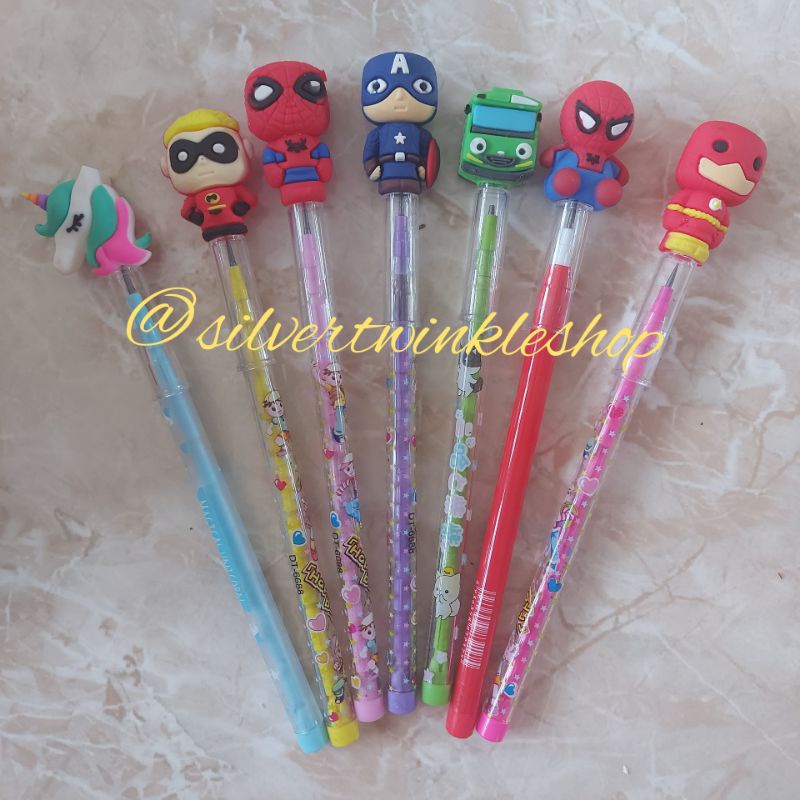 

Pensil bensia anak karakter kartun spiderman tayo unicorn captain america ironman superhero / pensil susun tusuk sambung kepala karet pensil lantu pensil peluru murah lucu cute cabut pasang alat tulis sekolah anak