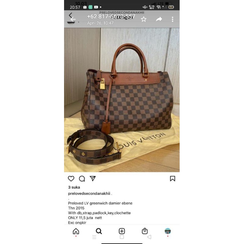 Tas Preloved LV greenwich damier ebeneThn 2015