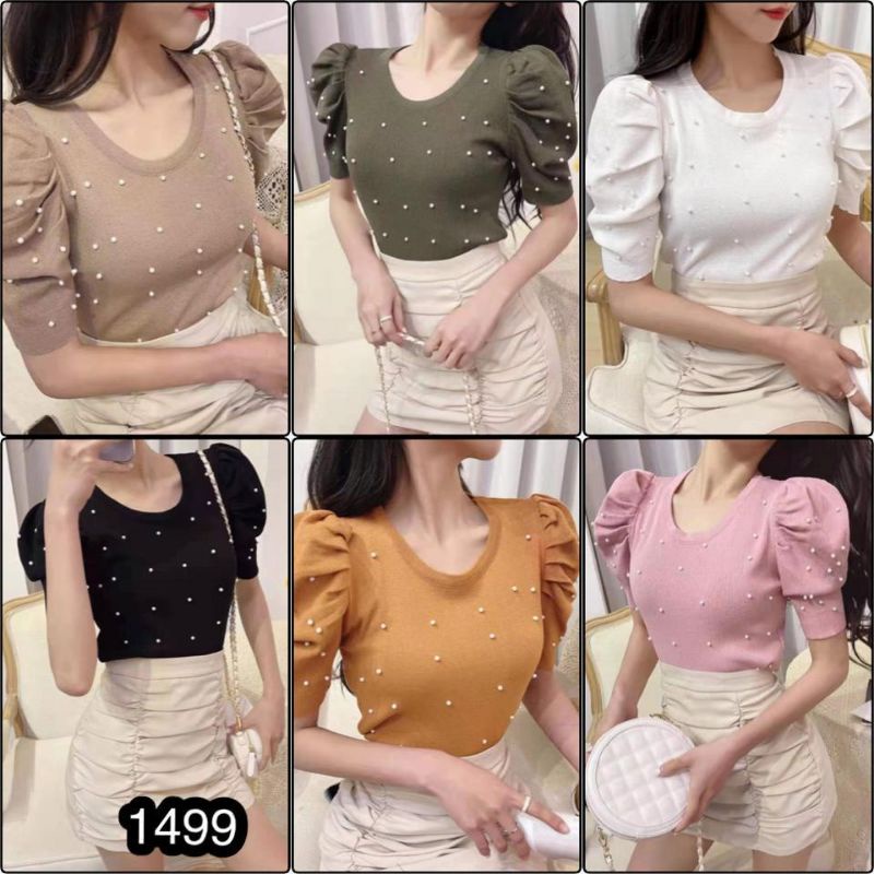 Knit Top with 3/4 Puff Sleeves and Bead Application ( Atasan Rajut Tangan Balon 3/4 ) Import Premium