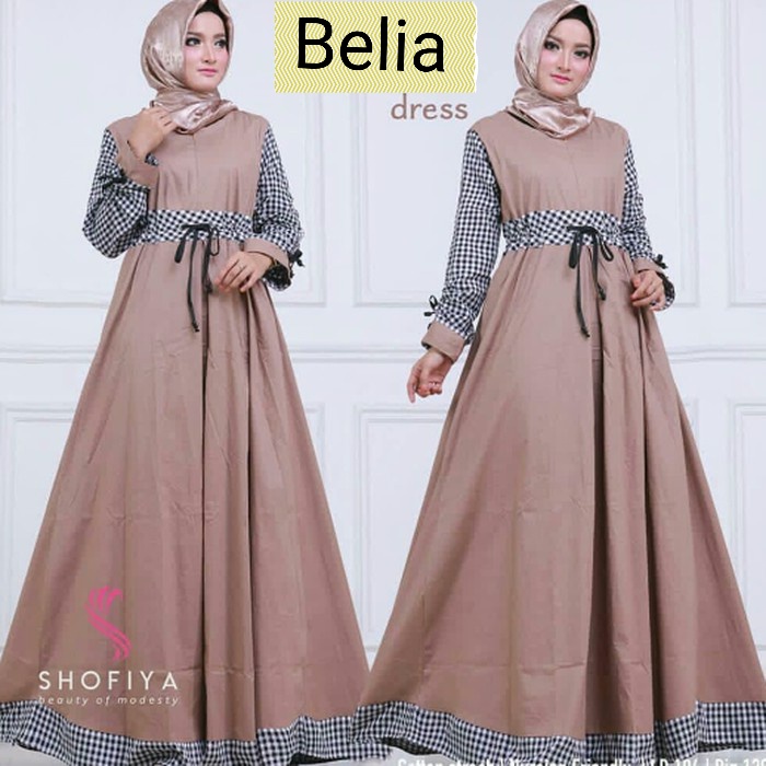 BELIA - DRESS BAJU GAMIS BUSUI SLETING DEPAN MOTIF KOTAK TALI PINGGANG TANGAN WARNA POLOS PINK MUDA 