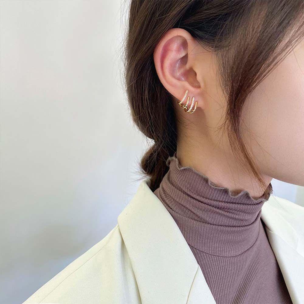 R-flower Stud Earrings Simple S925 Needle Anting Empat Baris Untuk Wanita Berlian Imitasi