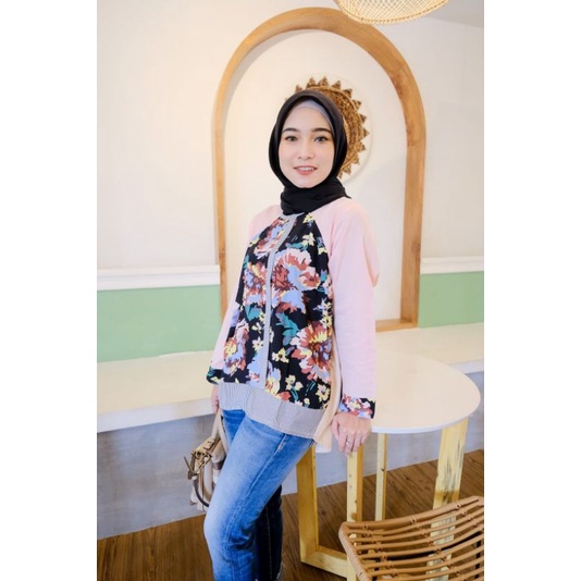 Blouse panjang kombinasi motif bunga bahan katun jepang
