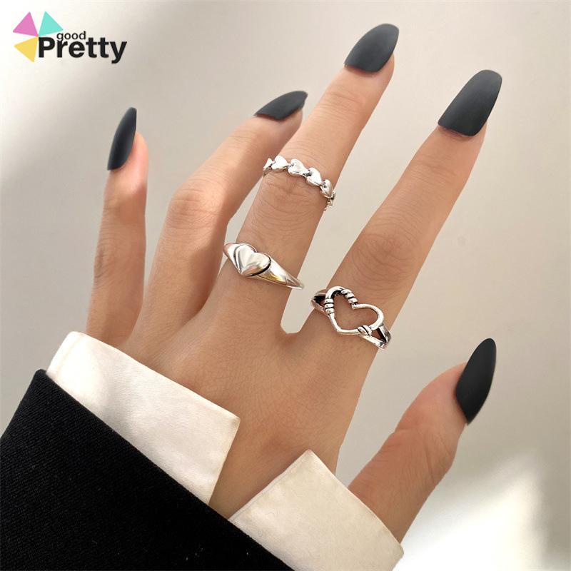 3pcs Cincin set korea Model Terbuka Desain Gelombang Hati Warna Silver Gaya Vintage Untuk Wanita - PD