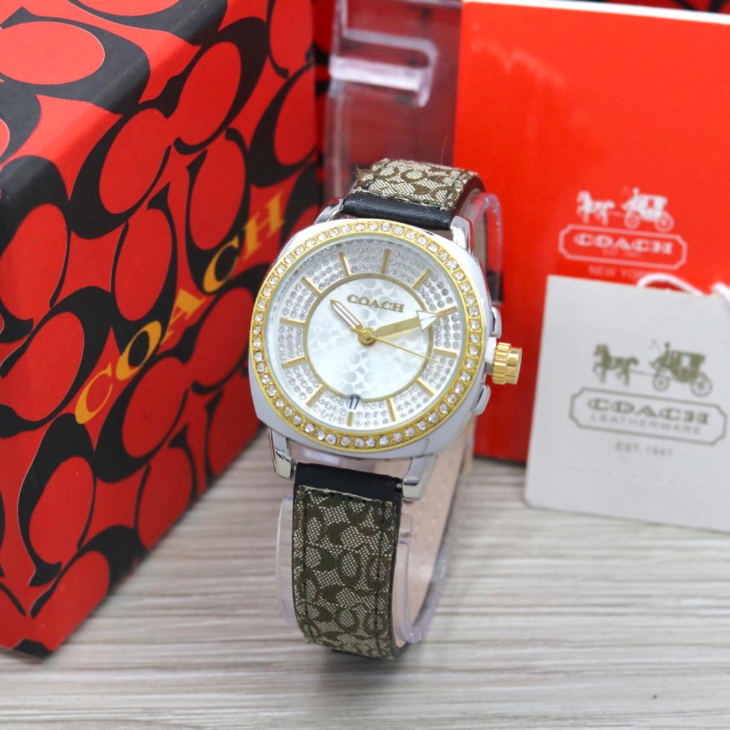 JAM TANGAN WANITA COACH O90 TALI KULIT TANGGAL AKTIF BODY PERMATA DM 3.5CM FREE BOX  || JAM TANGAN FASHION WANITA COACH