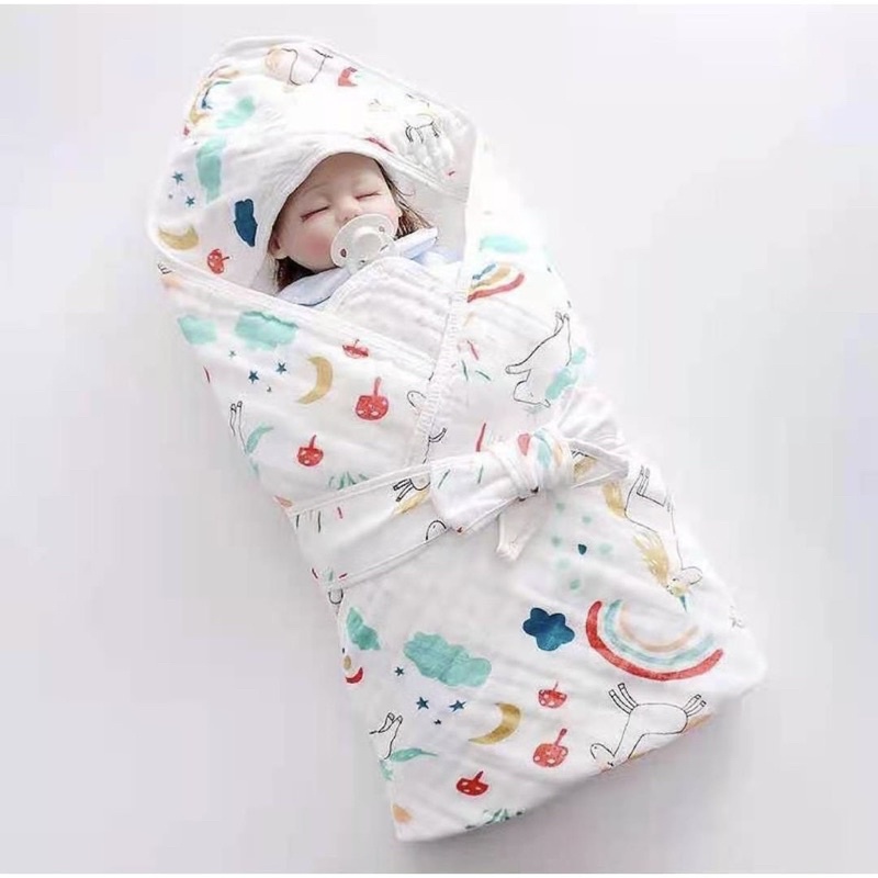 Selimut Topi Bahan Muslin Swaddle Bedong Bayi Baru Lahir Newborn Tali Ikat Selimut Penghangat Tubuh Bayi