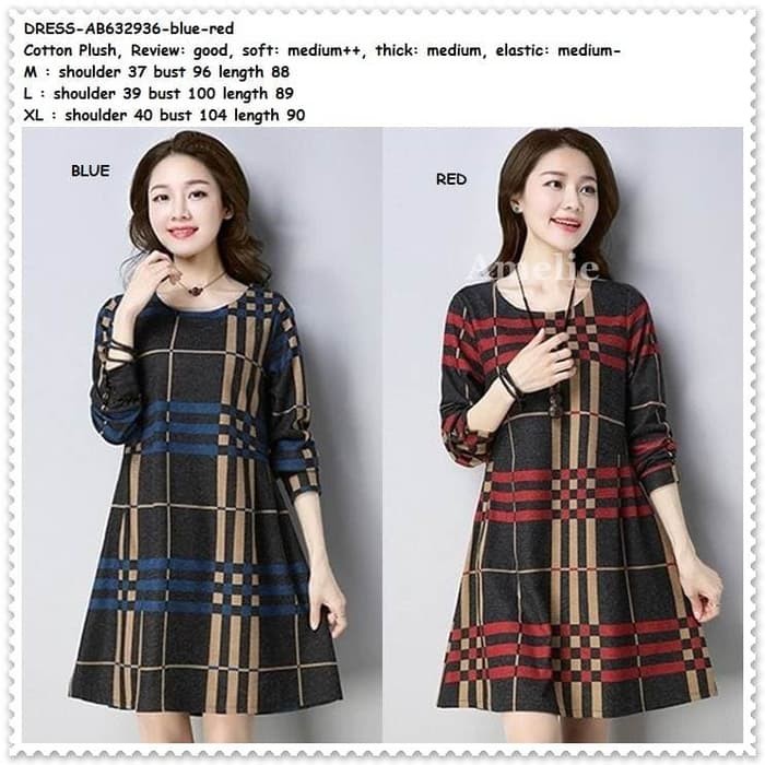 Mini Dress Lengan Panjang Kotak Wanita Korea Import AB632936 Tunik Red