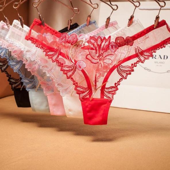 ♠ Wanita G String Pola bordir Transparan T-back Thong Panties C218 - Merah ⅎ
