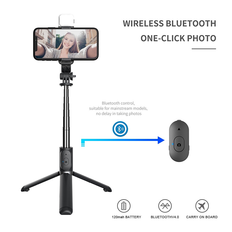 GROTIC Q02s Tripod Selfie Stick Fill Light Bluetooth Remote Tongsis 1045mm