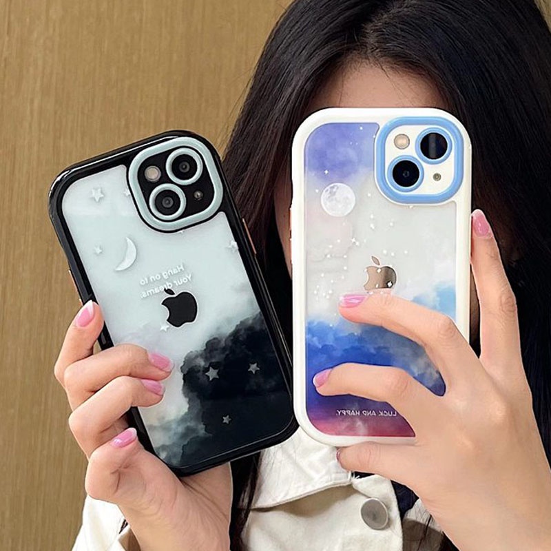 Casing Crema Soft Case untuk IPhone Xr Xs Max Ip Apple IPhone 11 12 13 14 Pro Max Wanita Hitam Ungu Bintang Awan Teman Hadiah