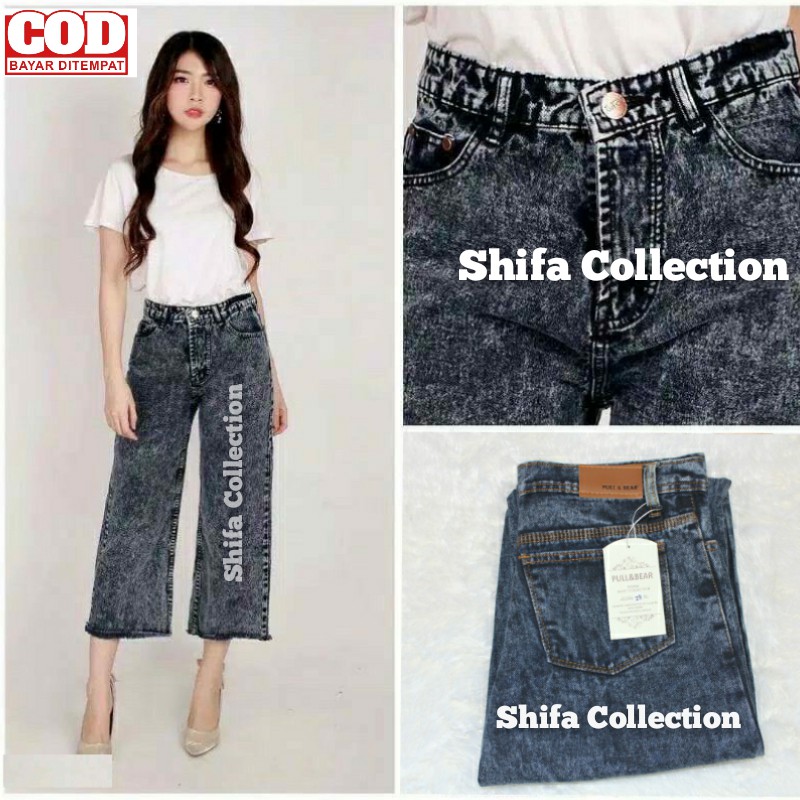 Celana Kulot Wanita Jeans Rawis Tebal Highwaist - Bahan Sakura - (Ukuran 27 - 34)