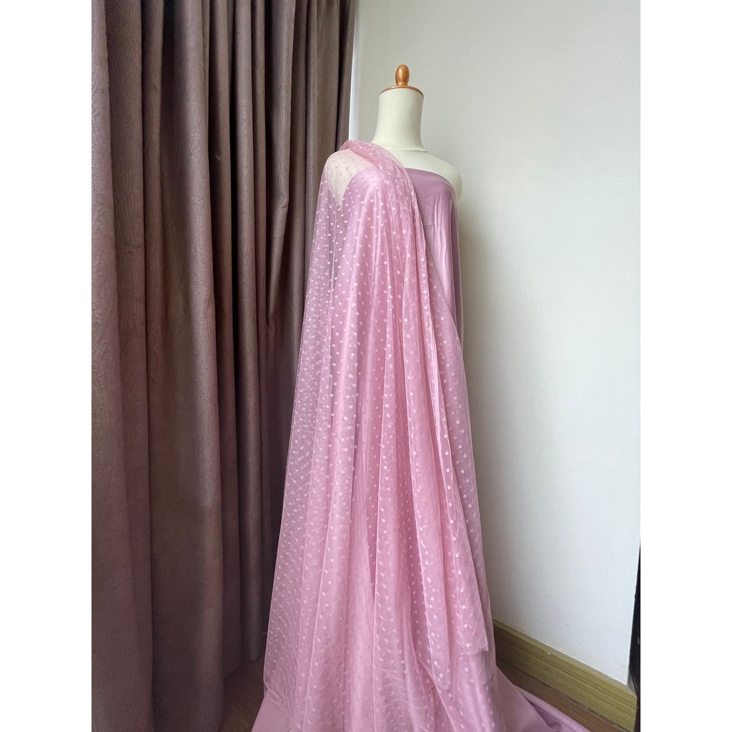 Bahan Kain Tile Tille Tule Tulle Dot Dotty Warna Dusty Pink Merah Muda