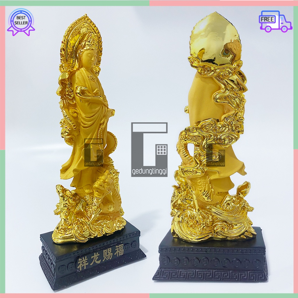 Hiasan Pajangan Patung Dekorasi Kado Hadiah Puja Suci Meja Altar Sembahyang Sembayang Dewi Dewa Mak Kwan Im Kwanim Kwan Im Kuan Im Guan Yin Rupang Welas Asih Belas Kasih Menaiki Naik Naga Liong Menyeberang Air Laut Gold Emas Budha Buddha Resin