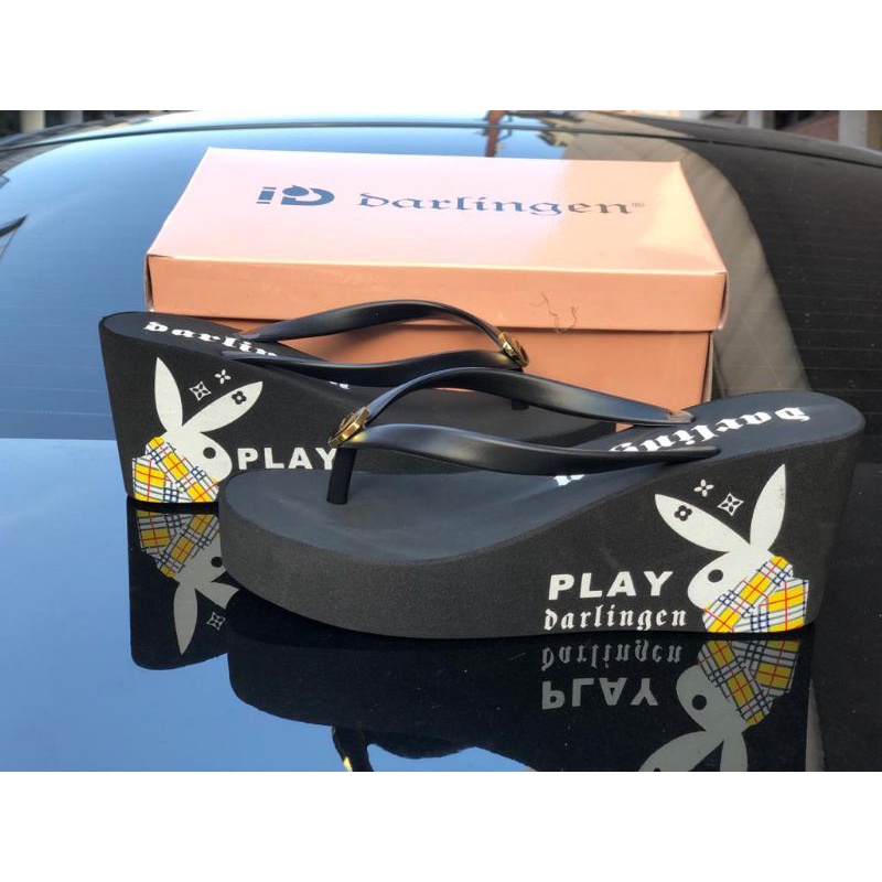 Darlingen Rabbit Play Sandal Wanita Wedges Import Terbaru Korea Jepit Tinggi 7cm
