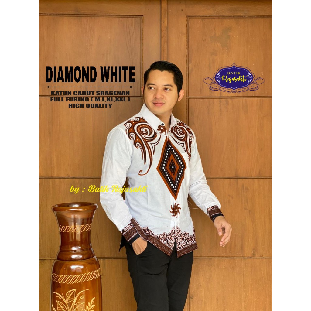 DIAMOND WHITE Kemeja Batik Pria Lengan Panjang Katun Halus FULL FURING Rajasakti