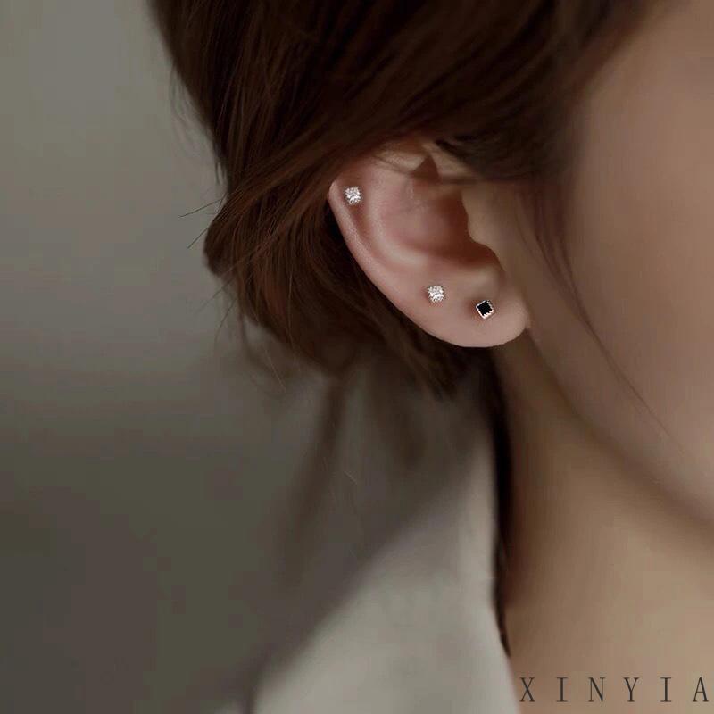 Anting Stud Bahan S925 Sterling Silver Bentuk Persegi Geometris Aksen Zirkon