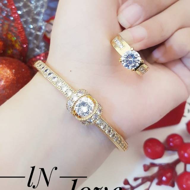 TERMURAH Set Perhiasan Xuping Lapis Emas Gelang Cincin Berlian Mewah Permata Titanium Gold Terlaris